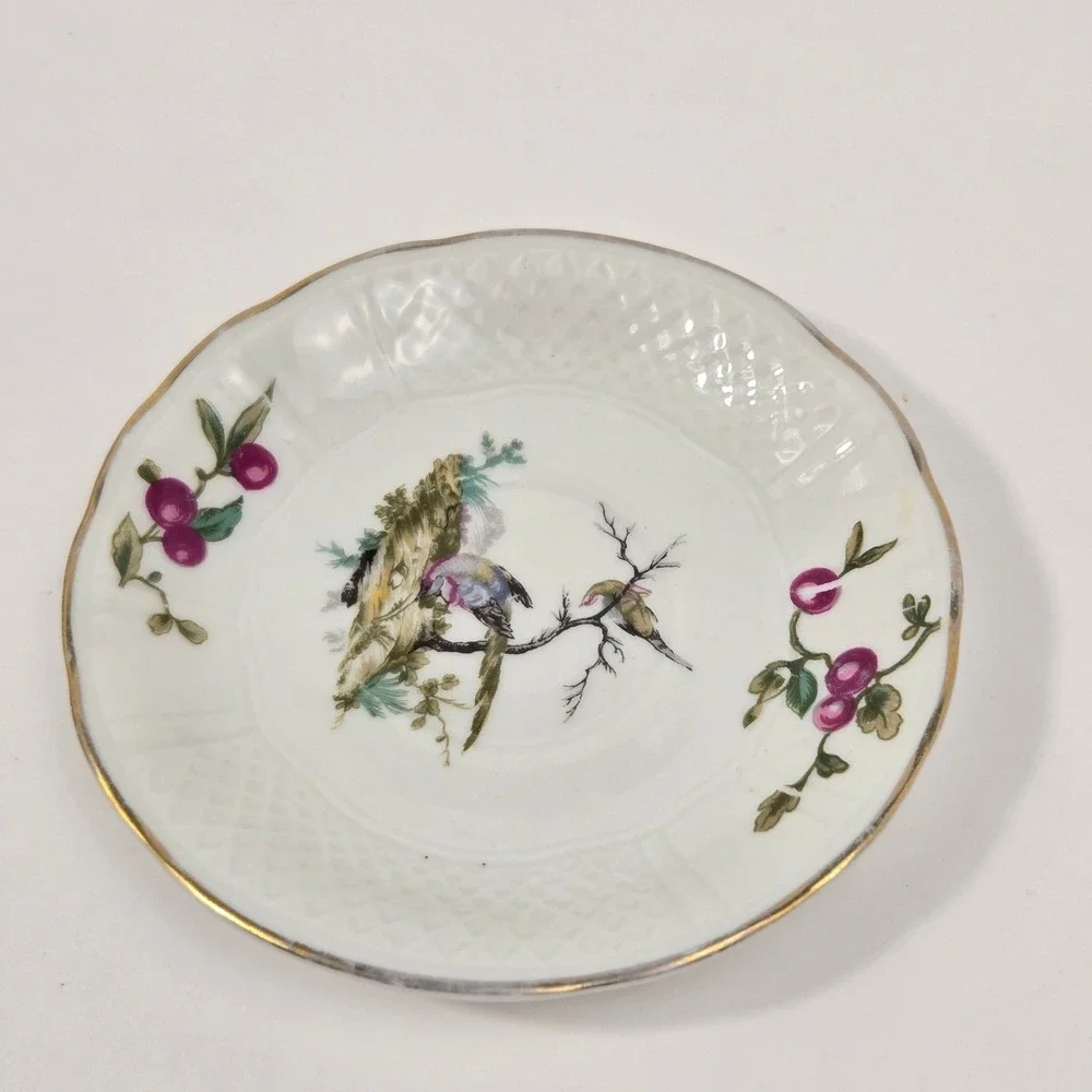 L Bernardaud & Co Limoges France Bird and Berry Porcelain Saucer Gold Rim 5.25